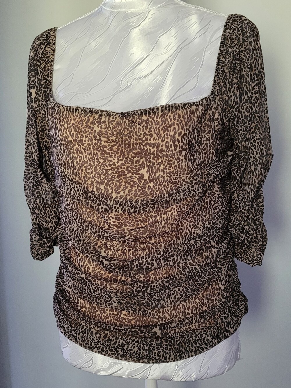 NWT! Anthropologie Brown Leopard Square-Neck Ruched Blouse Size L